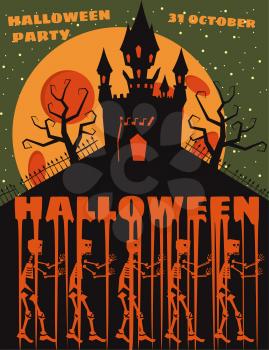 Halloween background with semetery and sceletons, haunted castle, house and full moon