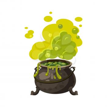 Witches cauldron, kettle with poisonous smoke, steam boils