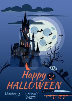 Happy Halloween pumpkin in the cemetery, an abandoned black castle, a full moon dark night, crosses and tombstones.