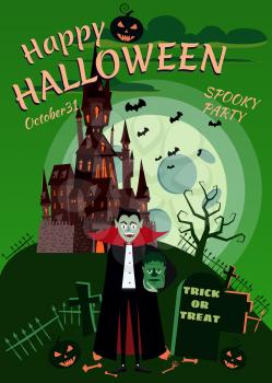 Happy Halloween pumpkin in the cemetery, abandoned black castle, Vampire with head Zombies, full moon dark night, crosses and tombstones.