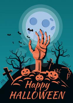 Happy Halloween pumpkin in the cemetery, the hand stretches from the grave, the full moon is the dark night, crosses and tombstones.
