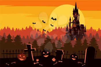 Happy Halloween pumpkin in the cemetery, black abandoned castle, gloomy autumn forest, panorama, sunset, crosses and tombstones.