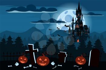 Happy Halloween pumpkin in the cemetery, black abandoned castle, gloomy autumn forest, panorama, full moon dark night, crosses and tombstones, bats.
