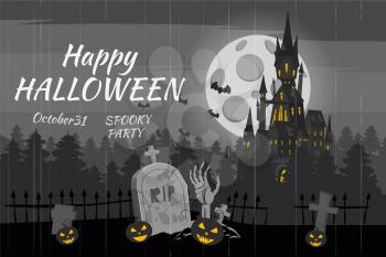 Happy Halloween pumpkin in the cemetery, black abandoned castle, gloomy autumn forest, panorama, full moon dark night, crosses and tombstones, hand from the grave, bats.