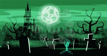 Template Halloween holiday graveyard, black abandoned castle, gloomy autumn forest, panorama, moon, crosses and tombstones.
