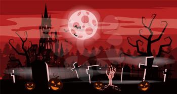 Template Halloween holiday pumpkin, cemetery, black abandoned castle, gloomy autumn forest, panorama, moon, crosses and tombstones
