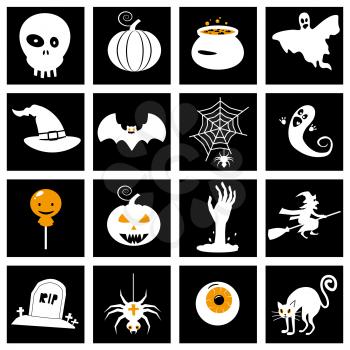 Set Halloween icons and illustrations colorful pumpkins bat, owl, ghost, pot, moons