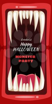 Creepy Halloween party banner scary monster character teeth jaw and tongue in mouth closeup