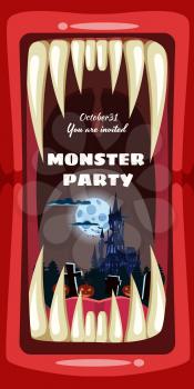 Creepy Monster Halloween party banner scary monster character teeth jaw in mouth closeup