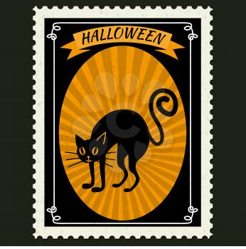 Happy Halloween Postage Stamps with black cat