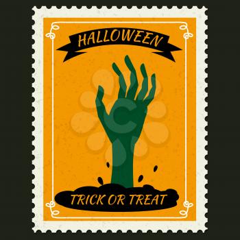 Happy Halloween Postage Stamps with hand of the risen dead zombie