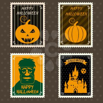 Happy Halloween Set Postage Stamps with black castle, zombie,