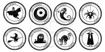 Set Halloween Stamp Postal. Vampire Cemetery Spider Cat Witch Ghost Eye Silhouette Seal. Passport Round Design. Vector Icon. Design Retro Travel.