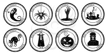 Set Halloween Stamp Postal. Pumpkin Hand Cemetery Cat Vampire Ghost Spider Silhouette Seal. Passport Round Design. Vector Icon. Design Retro Travel.