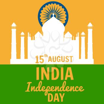 Independence Day of India, August 15, holiday, national flag, building of Taj Mahal, vector