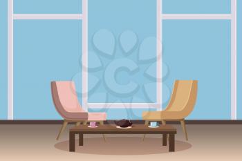 Chairs, tea table, furnitiure, window, teapot cups template for interior living room