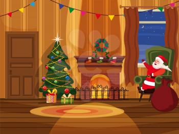Christmas room with Santa Claus and Christmas tree, fireplace, sofa, gifts, festoon, holiday attributes, mood