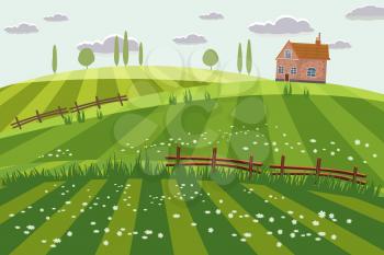Rural countryside landscape, farmhouse, spring, summer, green meadows fields wildflowers hills