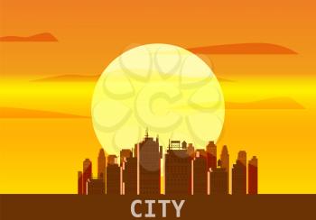 City megapolis sunset, cityscape, evening, skyline silhouettes of skyscrapers