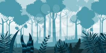 Forest silhouette wood trees, flora bushes and thickets panorama background