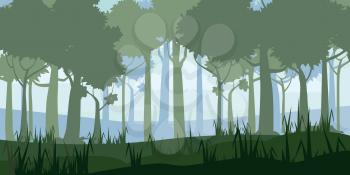 Forest silhouette wood trees, flora bushes and thickets panorama background
