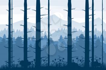 Vector blue landscape with silhouettes of trees in forest
