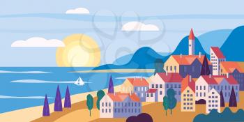 Cityscape sea ocean seashore landscape with buildings, mountains hills and trees sunset.