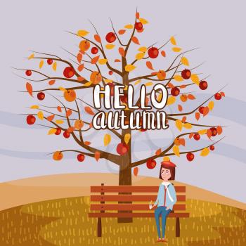 Hello Autumn landscape apple tree and girl drinking coffee in trend flat cartoon style