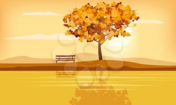 Autumn landscape tree yellow red brown leaves fall sunset mood panorama river