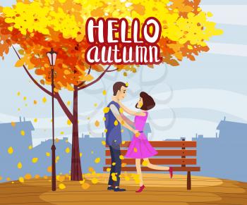 Autumn fall meeting lovers couple in the park autumn branches of falling leaves foliage romantic love mood