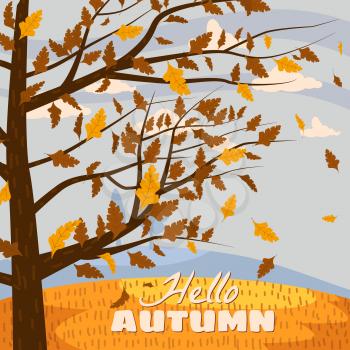 Autumn landscape, Hello autumn fall tree with falling yellow leaves