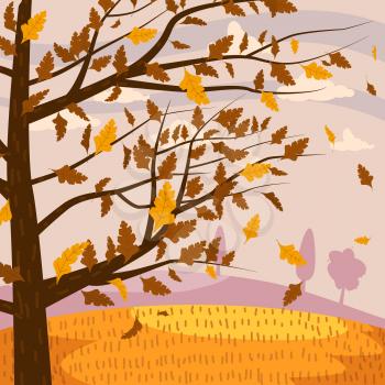 Autumn landscape fall tree with falling yellow brown red leaves romantic view