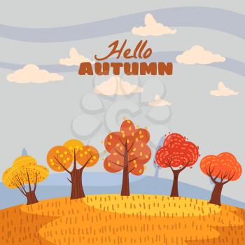 Hello Autumn landscape trees forest in trend style flat cartoon panorama horizon