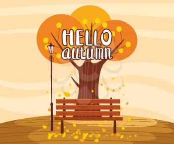 Hello Autumn landscape lonely tree in trend flat cartoon style bench