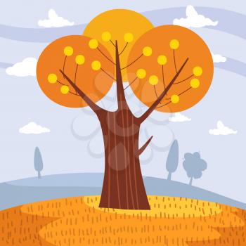 Autumn landscape lonely tree in trend style flat cartoon