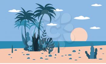 Tropical landscape ocean beach sunset palm trees, plants flora background