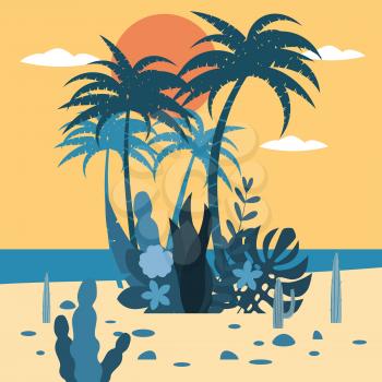 Landscape sunset tropics exotic flora plants, palm trees, leaves, cacti