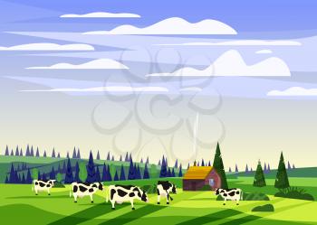 Beautiful countryside summer landscape, herd of cows valley rural farm house, green hills