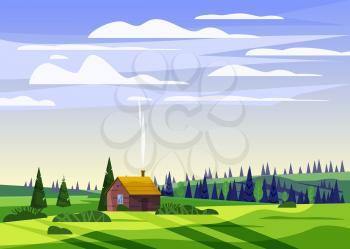 Beautiful countryside summer landscape, valley rural farm house, green hills