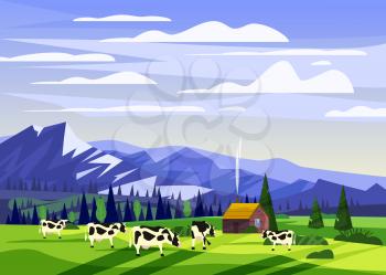 Beautiful countryside summer landscape, herd of cows valley rural farm house, green hills, mountain