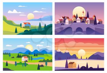 Set Summer sunset seaside landscapes. Cityscape stone bridge, Sea ocean nature hills fields mountains blue sky clouds sun house countryside. Trees and grass rural land. Flat cartoon trendy style vector illustration