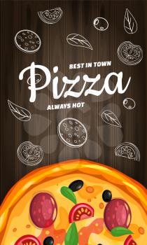 Pizza Pizzeria Italian template vertical flyer baner with ingredients and text on wooden background