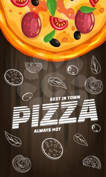 Pizza Pizzeria Italian template vertical flyer baner with ingredients and text on wooden background