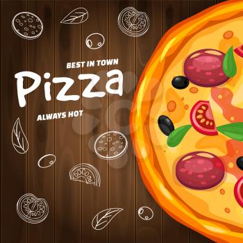 Pizza Pizzeria Italian template flyer baner with ingredients and text on wooden background