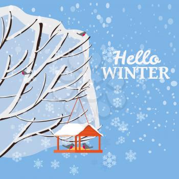 Hello Winter, snow landscape, bird feeder with feed, birds, tree covered with snow, vector