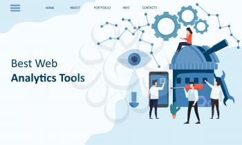 Best Web Analytics tools. Mockup landing page website design. Modern trend flat design concept of web page design for website and mobile website