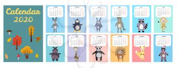 2020 Calendar Cute Animals Characters. Monthly Vector illustration