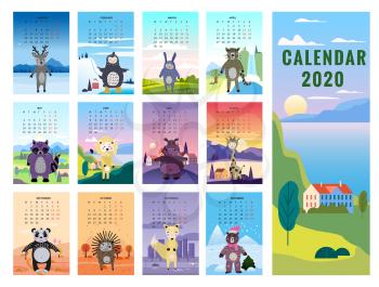2020 Calendar Cute Animals Characters background landscapes minimal style. Monthly Vector