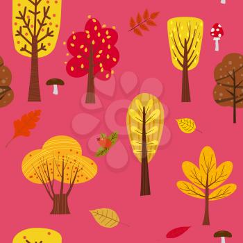 Seamless tree pattern forest woodland with leaves and mushrooms