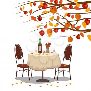 Autumn cafe table with wine for two persons autumn branches of falling leaves foliage, chairs